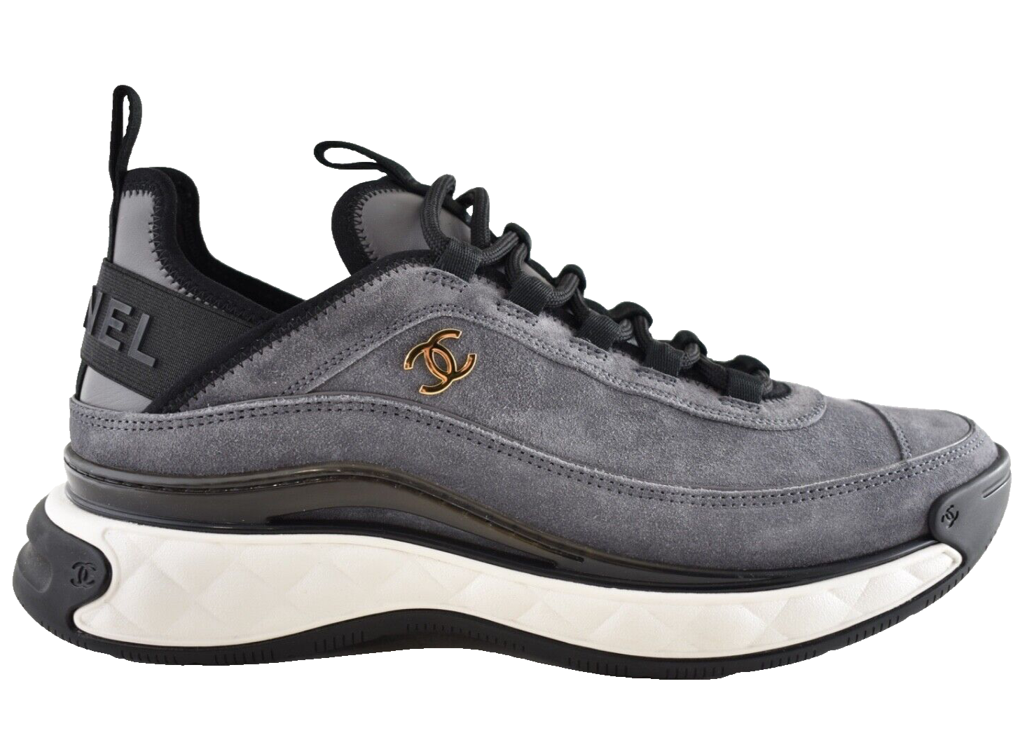 Chanel 23K Grey Suede Black White CC Logo Lace Up Low Top