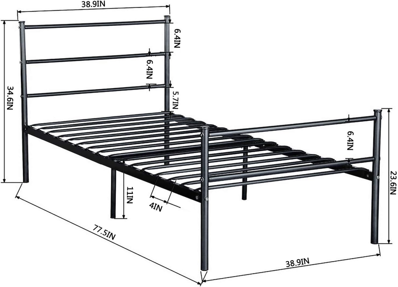 Metal Bed Frames with Storage, Single Bed with Headboard and Footboard, 6 Legs P