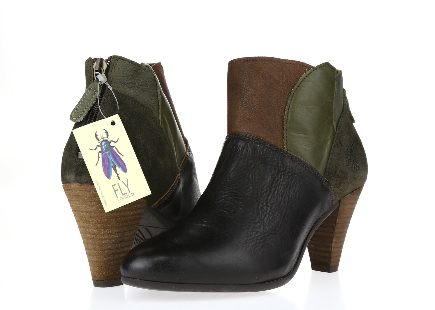 Women's FLY LONDON GENA 228803 Brown Forest Leather Heel Zipper booties size 37