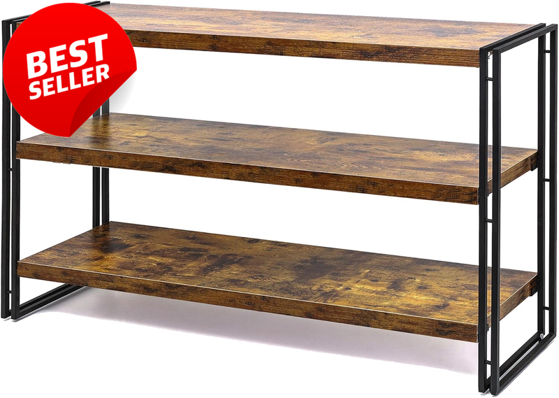3 Tier Industrial Bookshelf 47in Rustic Wood Metal Storage Shelf Home - US