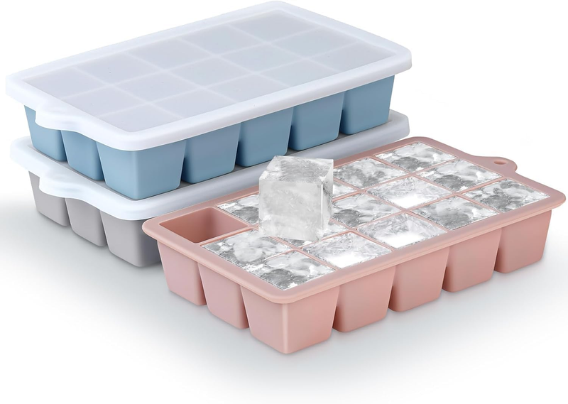 Ice Cube Trays Set of 3, Easy Release 15 Flexible Silicone Ice (3, Blue+Grey+Pin
