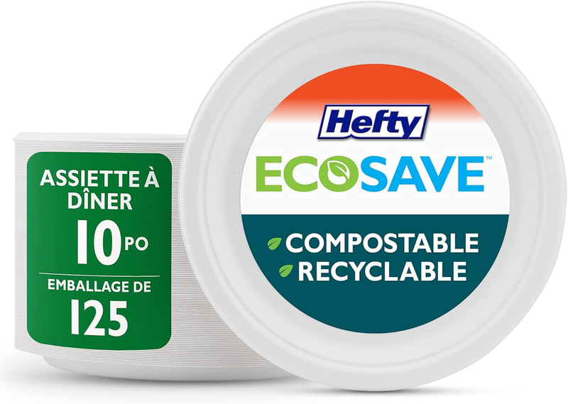 ECOSAVE Compostable Disposable Paper Plates Dinner 10", 125 Count