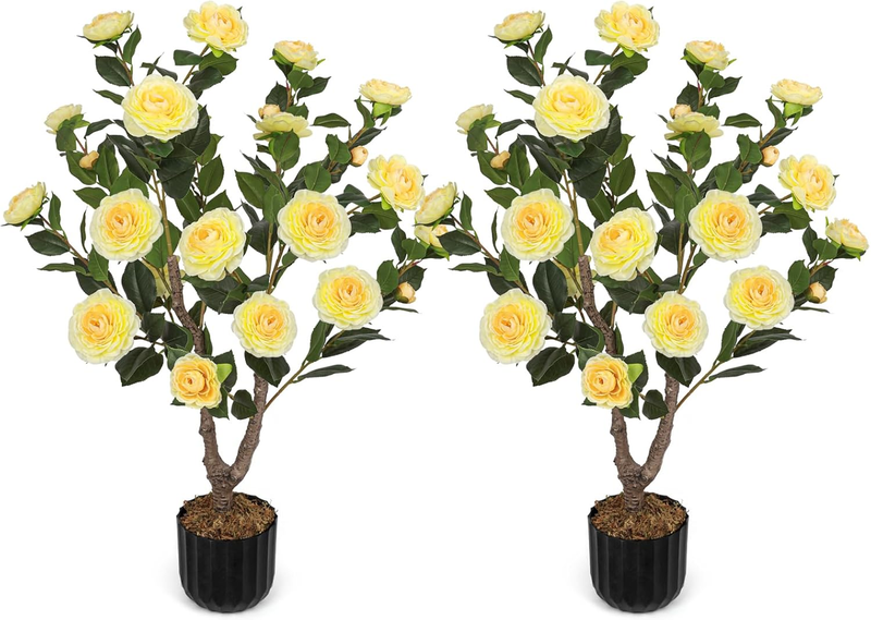 Artificial Camellia Tree for Indoor and Outdoor, Faux Flower Tree Plant in Pot Fake Topiaries for Home Front Porch Decor (2, Yellow)