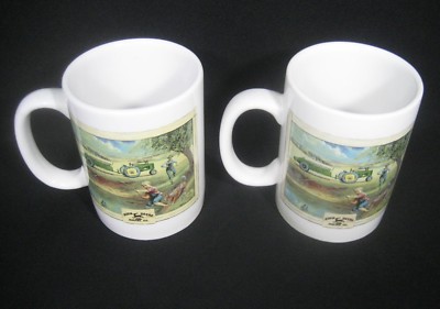 JOHN DEERE  Houston Harvest  2- TALL COFFEE MUGS  4 1/2''  Farmer, Son, Tractor