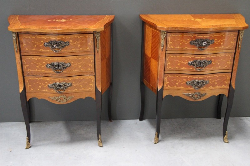 Rare Pair Antique French Louis Marquetry Bedside Small Chests Of