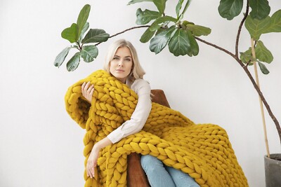 Chunky Knit Blanket 100% Merino Wool Chunky Knit Throw Arm Knitted Blanket