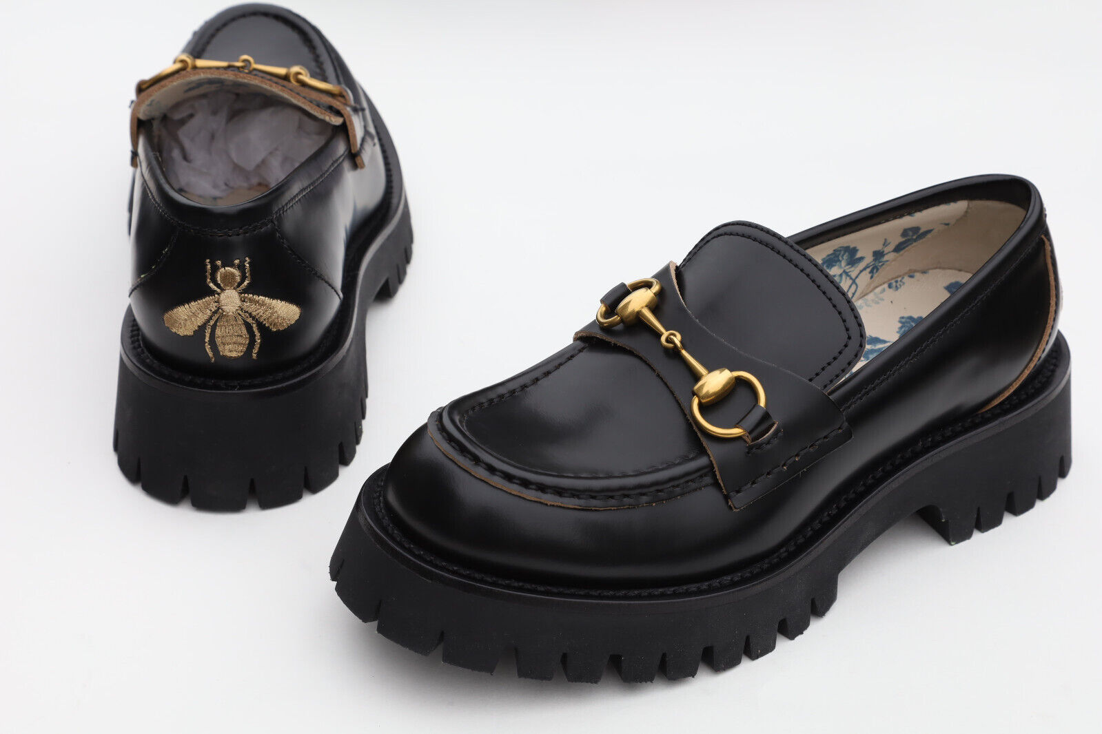 GUCCI 577236 Cordovan Lux Lug Sole Black Gold Horsebit Bee GUCCI 577236 Cordovan Lux Lug Sole Black Gold Horsebit Bee