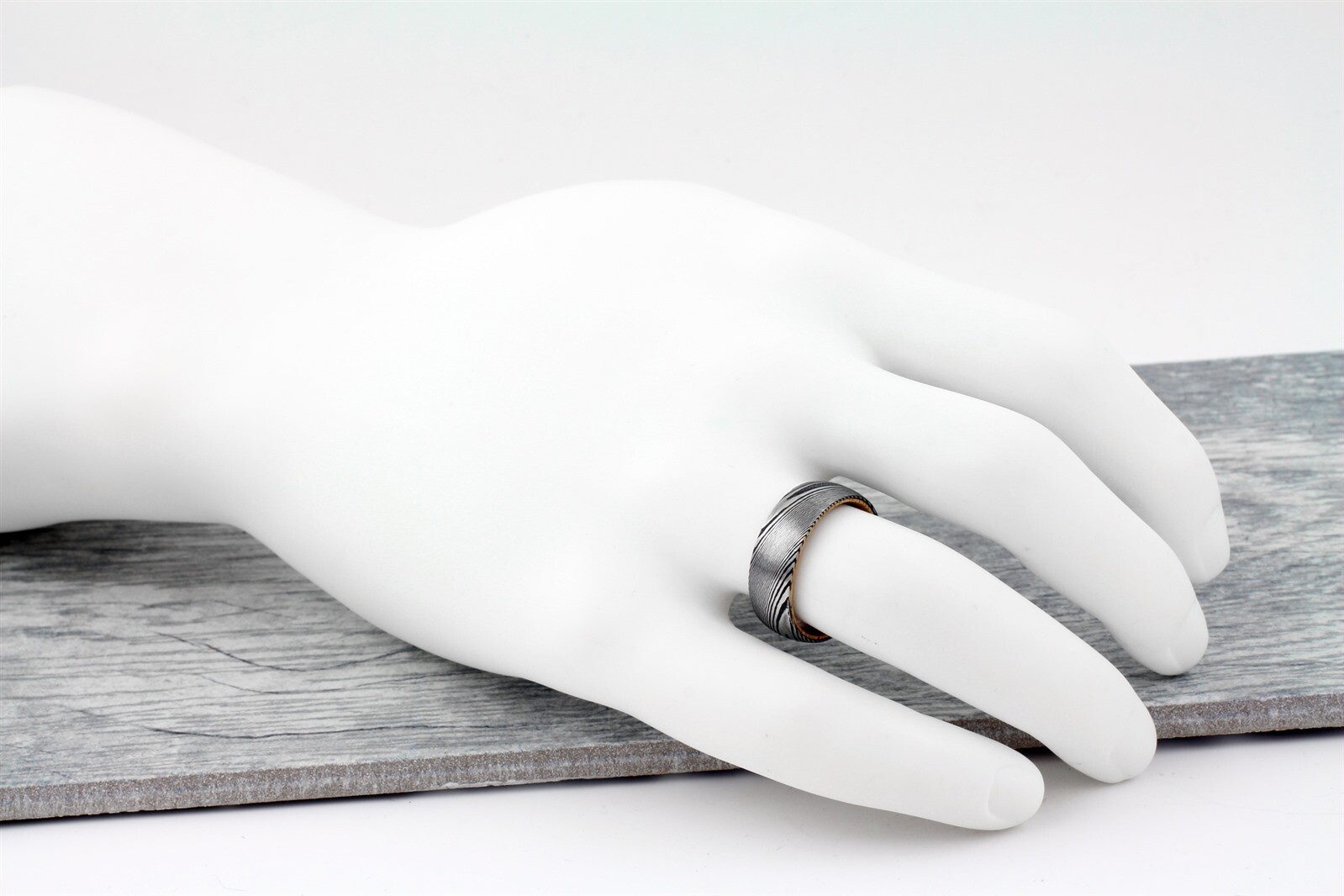 8mm Men's Black Damascus Steel with Whiskey Barrel Wood Sleeve Wedding Band Ring