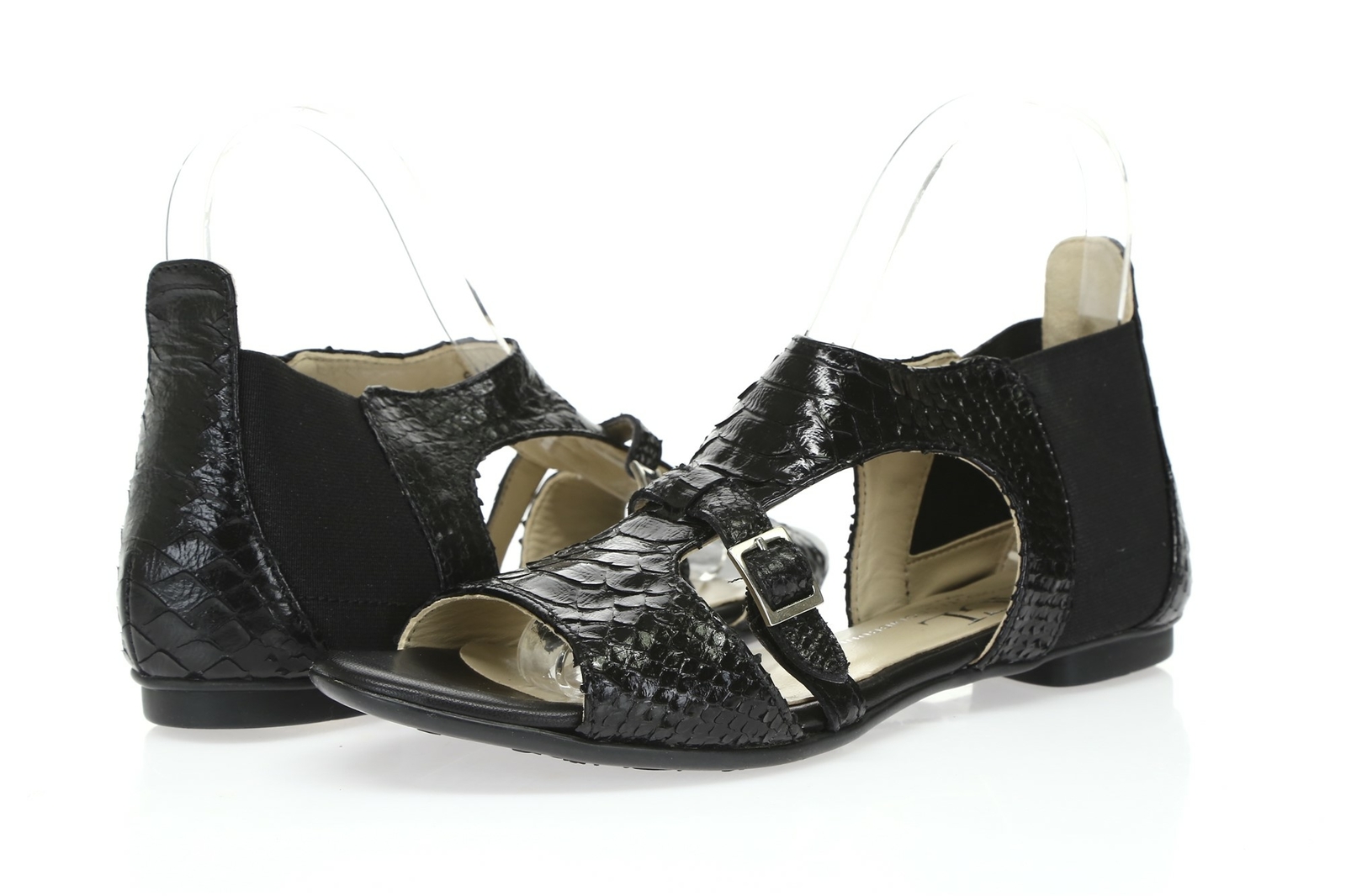 Womens AGL Black Leather Pull On Snake Print Stretch Flat Sandals Size 6.5 EU 37