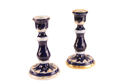 Antique Meissen Porcelain Cobalt Blue & Gold Candlesticks Candle Holders Set