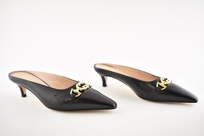 Pre-owned Gucci Zumi Black Leather Silver Gold Gg Kitten Heel Mule Slide Loafer Pump 37