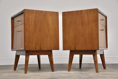 Pair European Walnut Nightstands Mid Century Modern