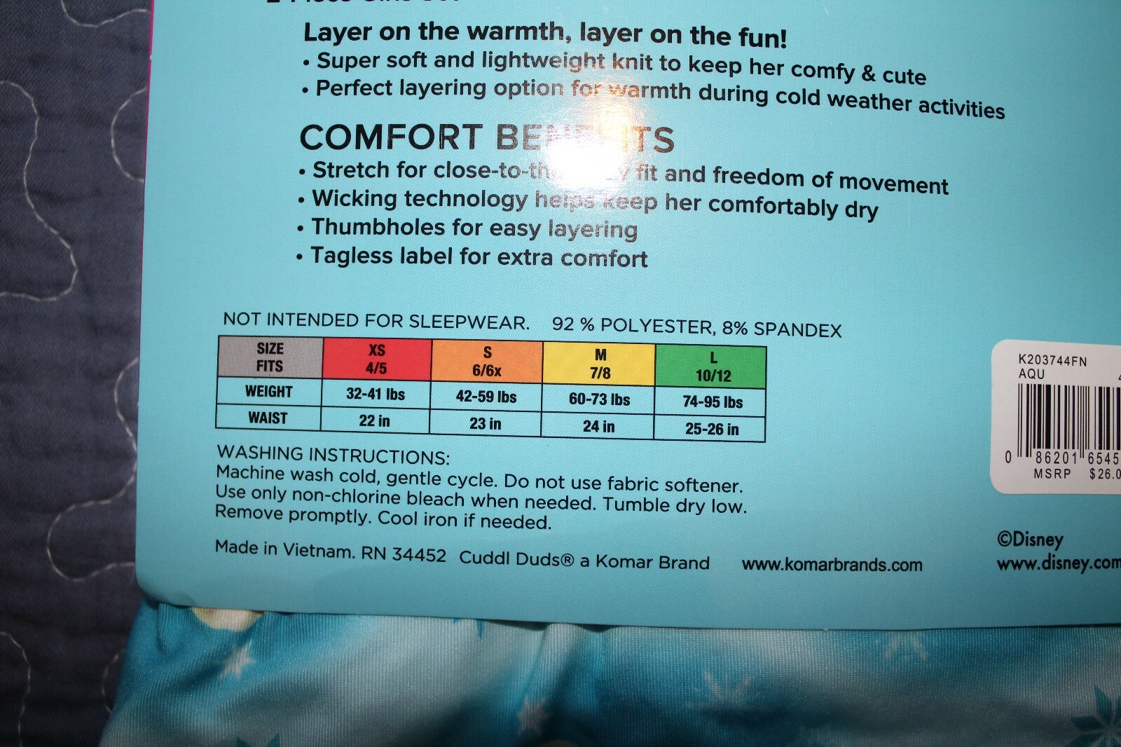 Cuddl Duds Girl's Size L 10-12 FROZEN STRETCH POLY  Underwear 2-Piece Set