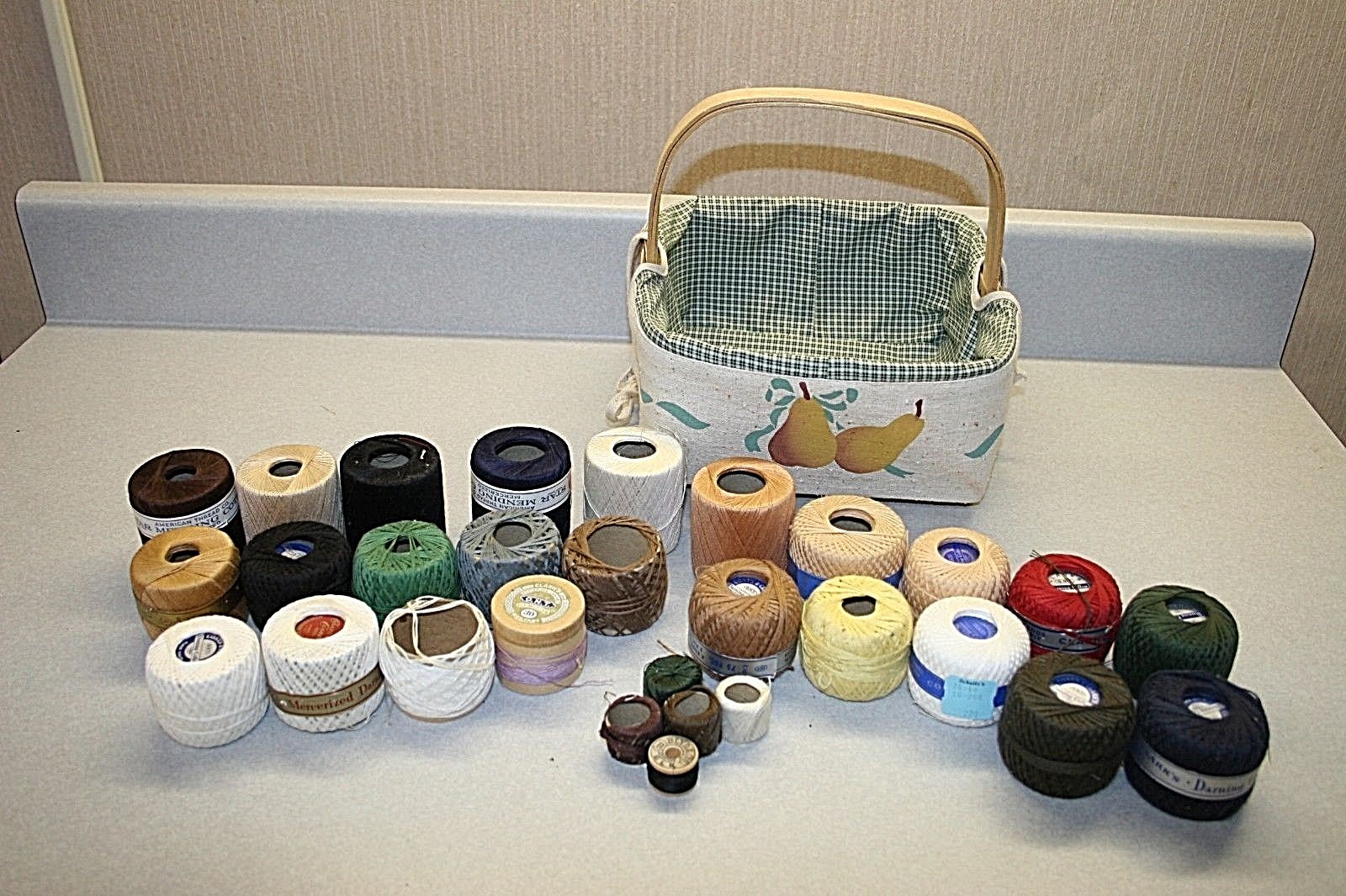 Vintage Lined Basket and Lot of Darning Thread~27 Spools of thread