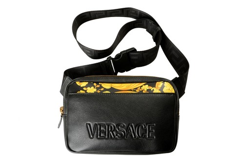 Versace★Unisex Black Logo Crossbody Fanny Sling Bag Versace Unisex Black Logo Print Crossbody Fanny Shoulder Bag