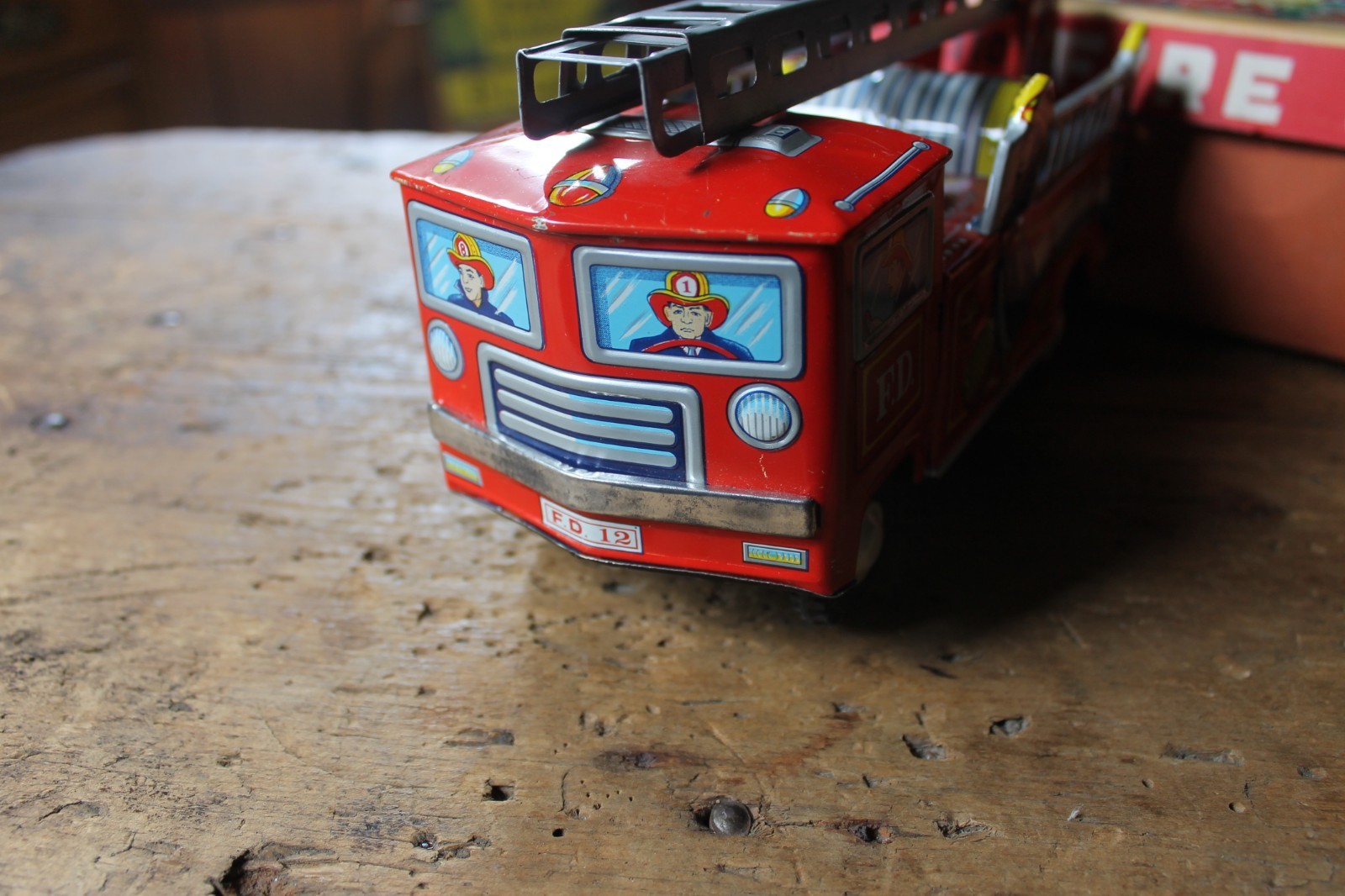 Vintage Tin Friction Fire Truck with Original Box,  Japan