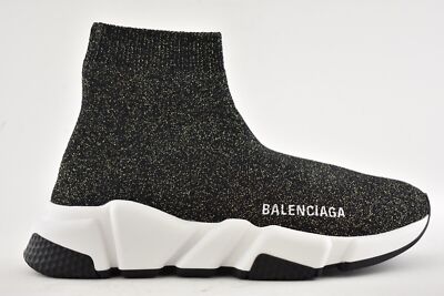 Pre-owned Balenciaga Women Speed Sock Trainer White Black Gold Lurex Runner Sneakers 41