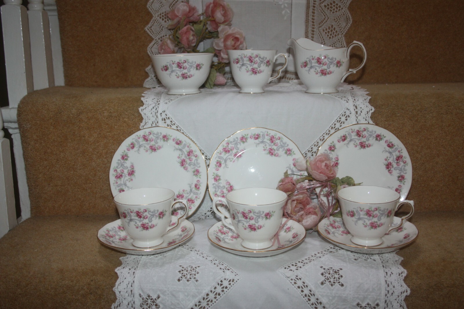 Lovely Royal Osborne China Tea Set Pink Roses Gray Scrolls 2のeBay公認海外通販
