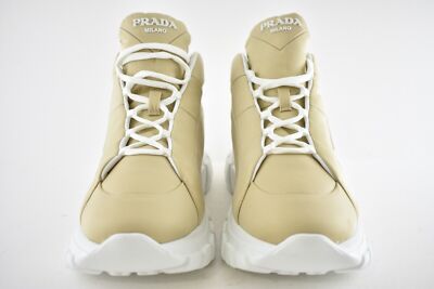 Pre-owned Prada Rush Piuma Nylon Beige White Platform Flat High Top Trainer Sneaker 39.5