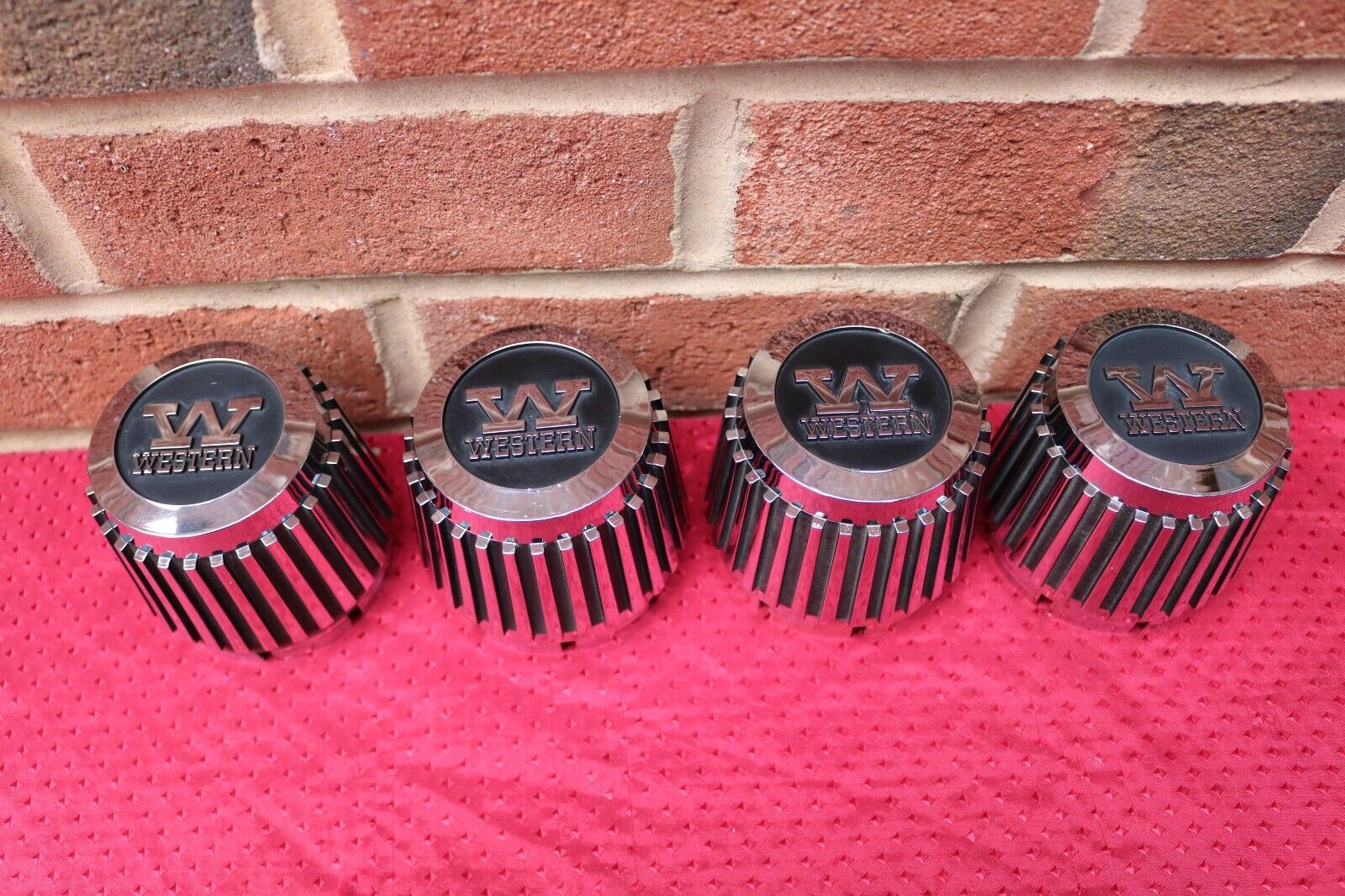 NOS VINTAGE WESTERN CYCLONE TURBINE WHEEL RIBBED CENTER CAPS NOS VINTAGE WESTERN CYCLONE TURBINE WHEEL RIBBED CENTER CAPS