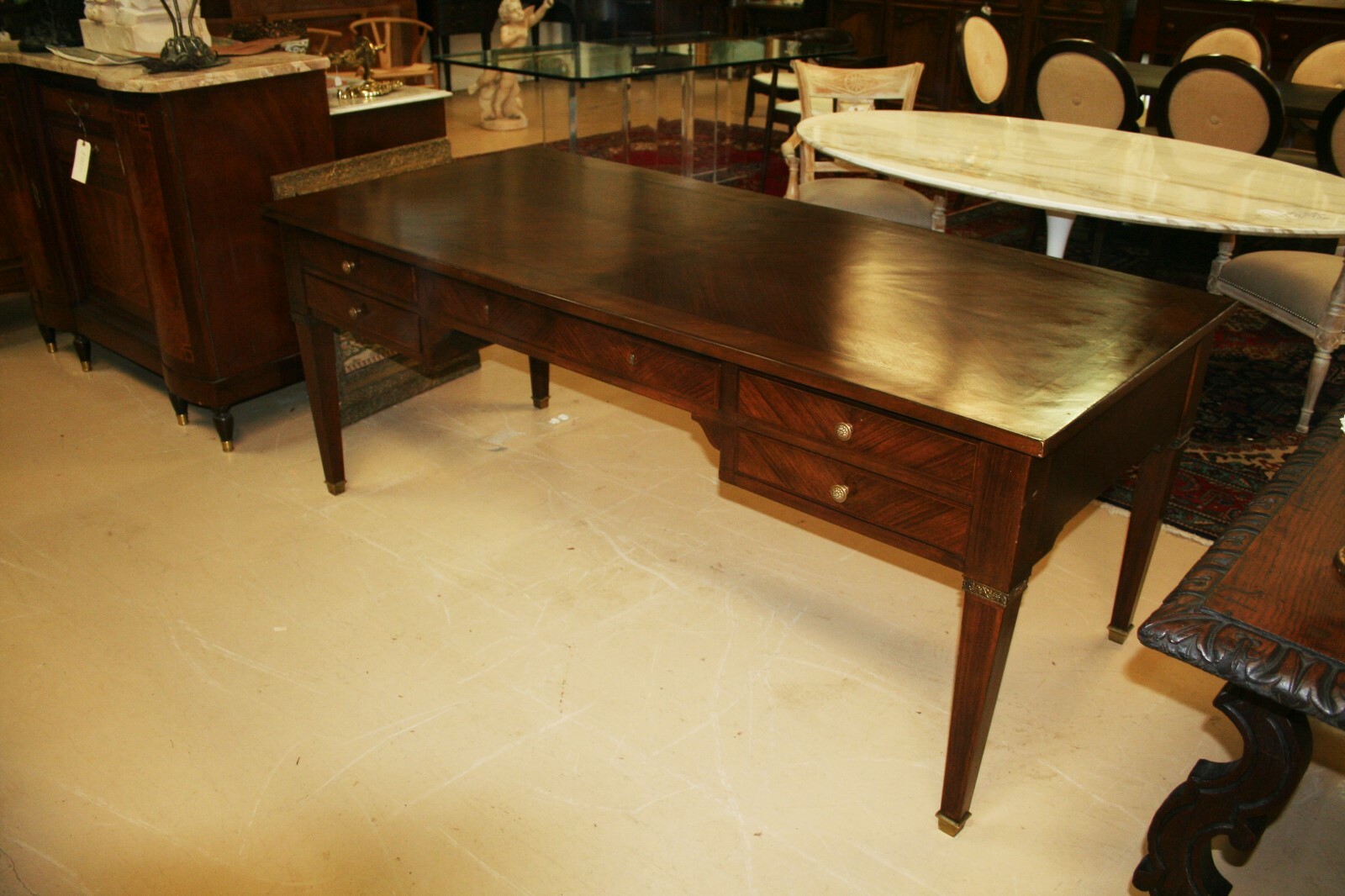 Antique French Louis XVI Style Walnut Desk Bureau Plat, 20th C. Ormolu Accents