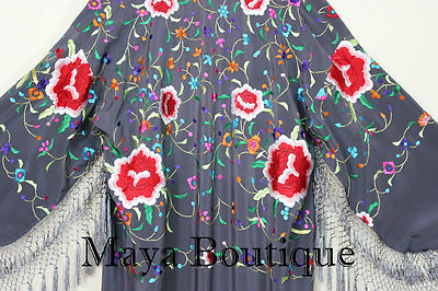 Pre-owned Maya Matazaro Embroidered Silk Fringe Jacket Flamenco Kimono Lilac Grey Short