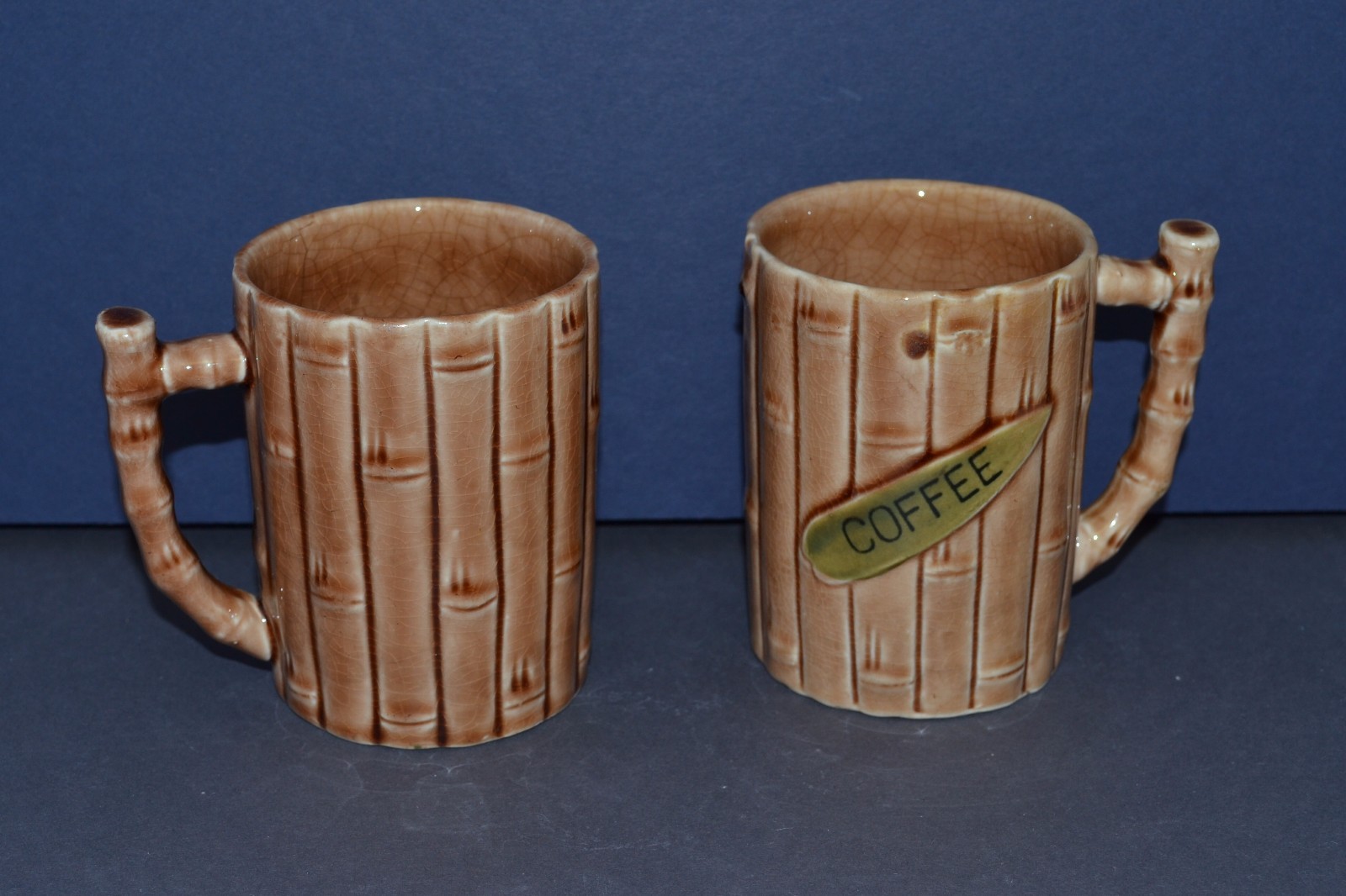 VINTAGE PORCELAIN BAMBOO LOOK COFFEE CUPS / MUGS SET OF 2