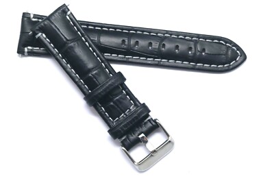 20mm 22mm 24mm Black Croco Embossed Leather Contrast Stitch Watch Band Strap