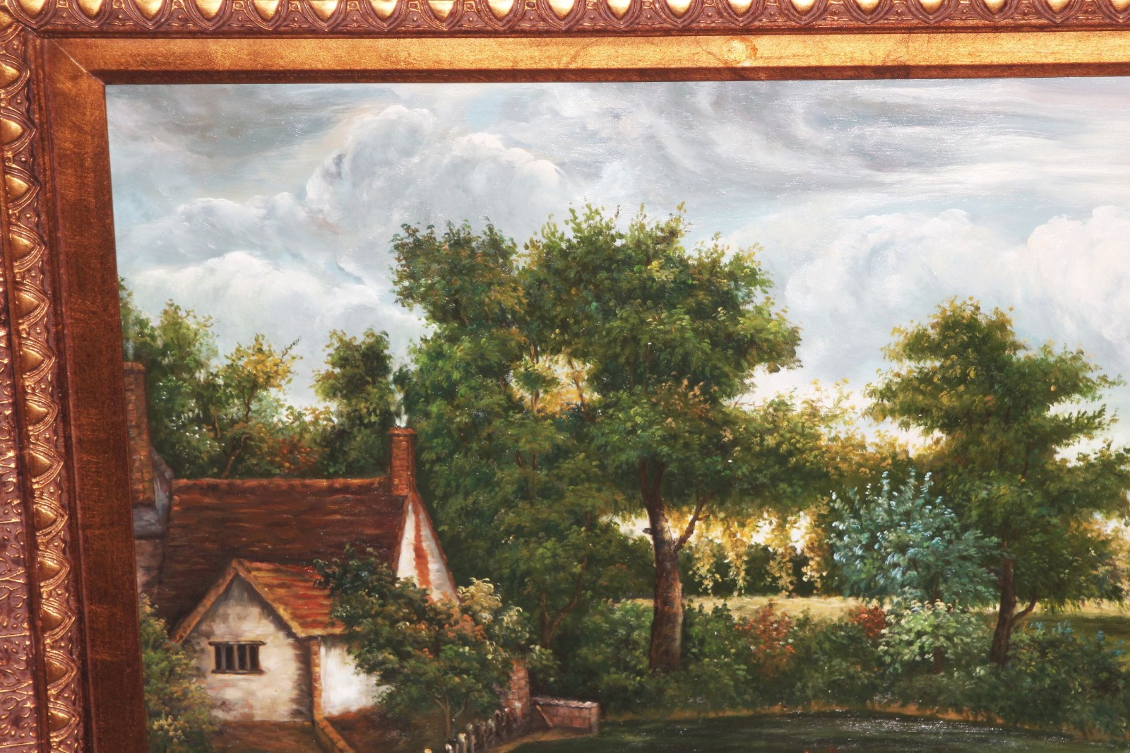 Vintage Oil Painting w/Gold Gilt Ornate Wood Picture Frame Large 45 x 34 G Woods