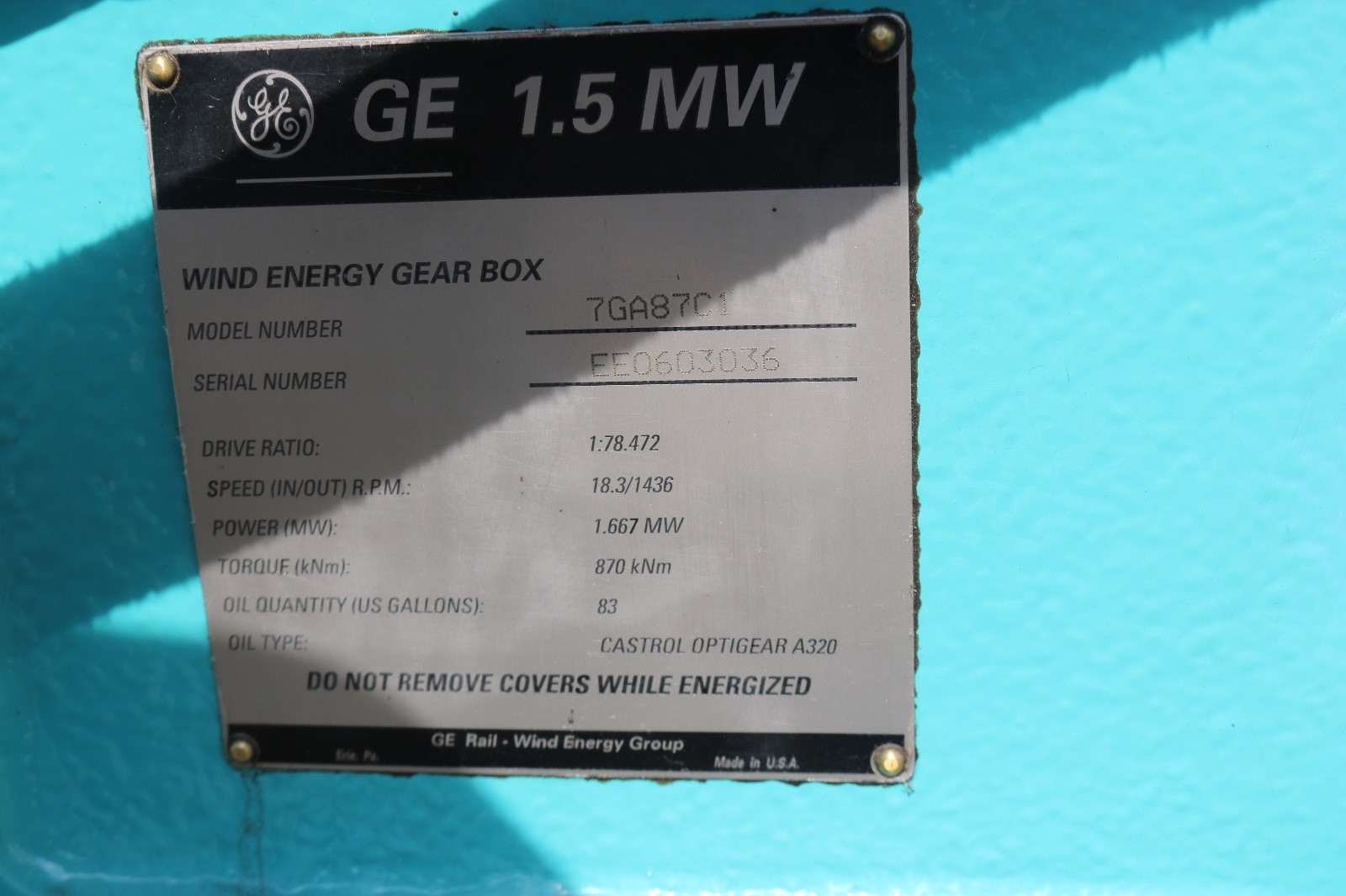 GE 1.5MW WIND ENERGY GEARBOX GEAR BOX 7GA87C1 WIND TURBINE