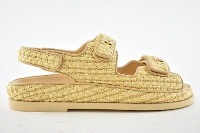Pre-owned Chanel 21c Beige Raffia Pearl Cc Logo Mule Slide Strap Flat Teva Dad Sandal 38.5