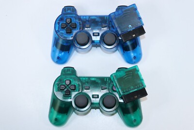 PLAYSTATION 2 PS2 Dual Vibration WIRELESS Controller CLEAR BLUE/GREEN SET OF 2