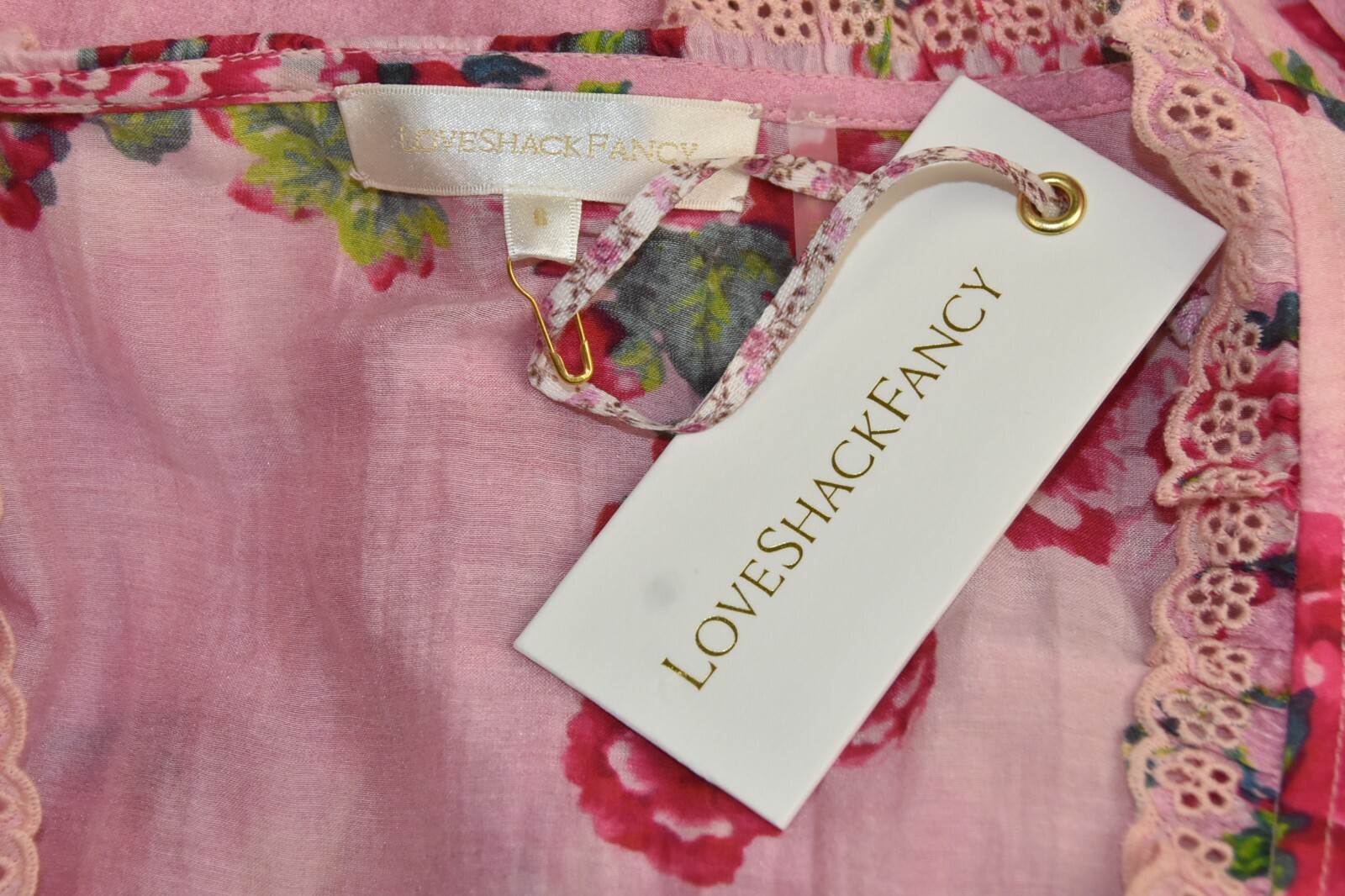 Pre-owned Loveshackfancy $575  Salima Dress Pink Desert Silk Floral Eyelet Embroidery 6 In Pink Green