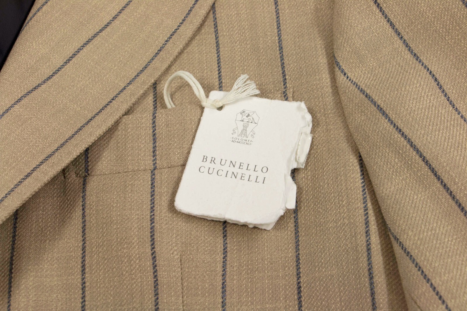 Pre-owned Brunello Cucinelli Nwt$4595  Men's Pinstripe Print Sport Coat W/logo Buttons A248 In Khaki-taupe + Blue Print