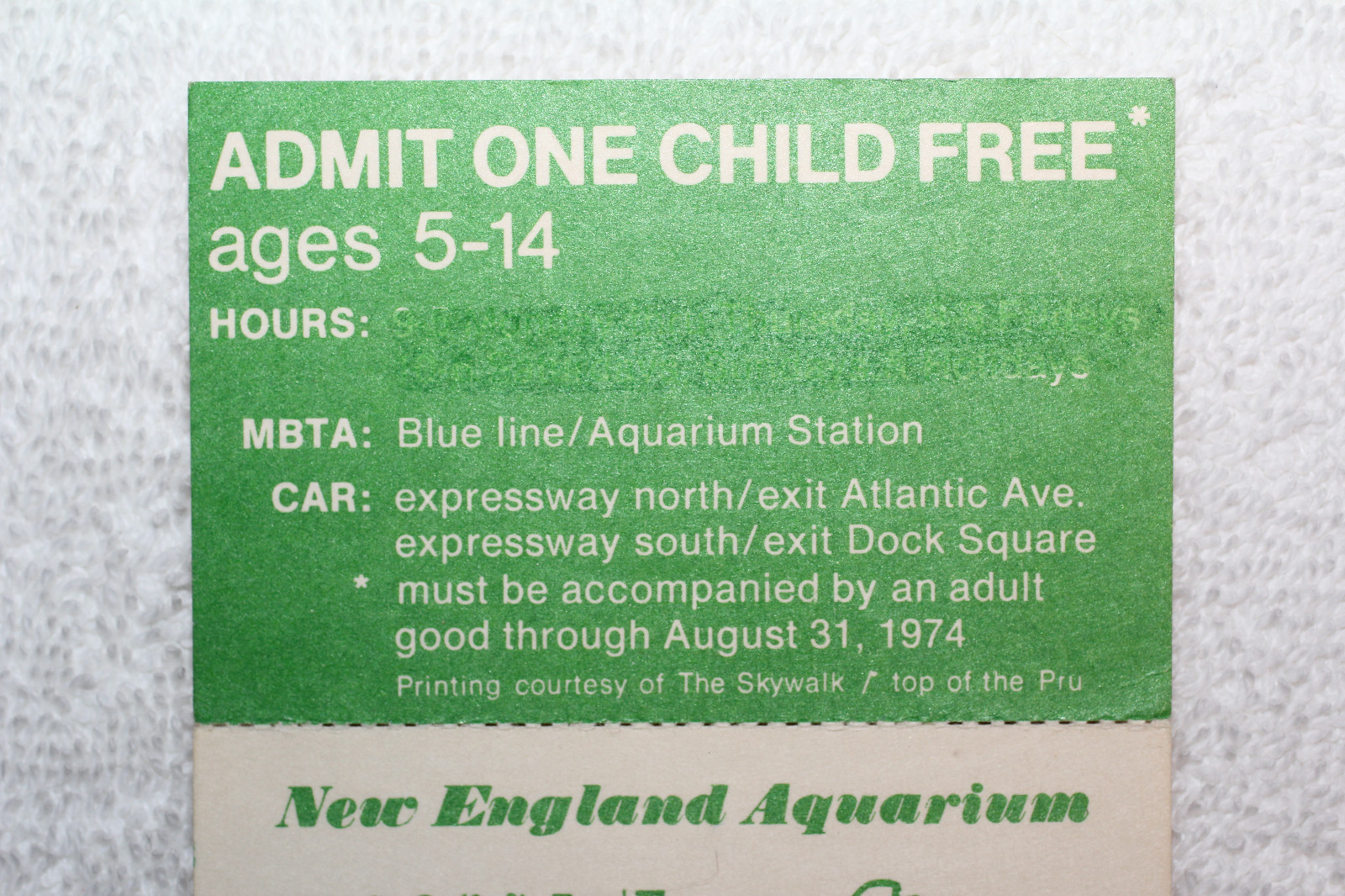 Vintage 1974 Child Admission Ticket NEW ENGLAND AQUARIUM Collectable