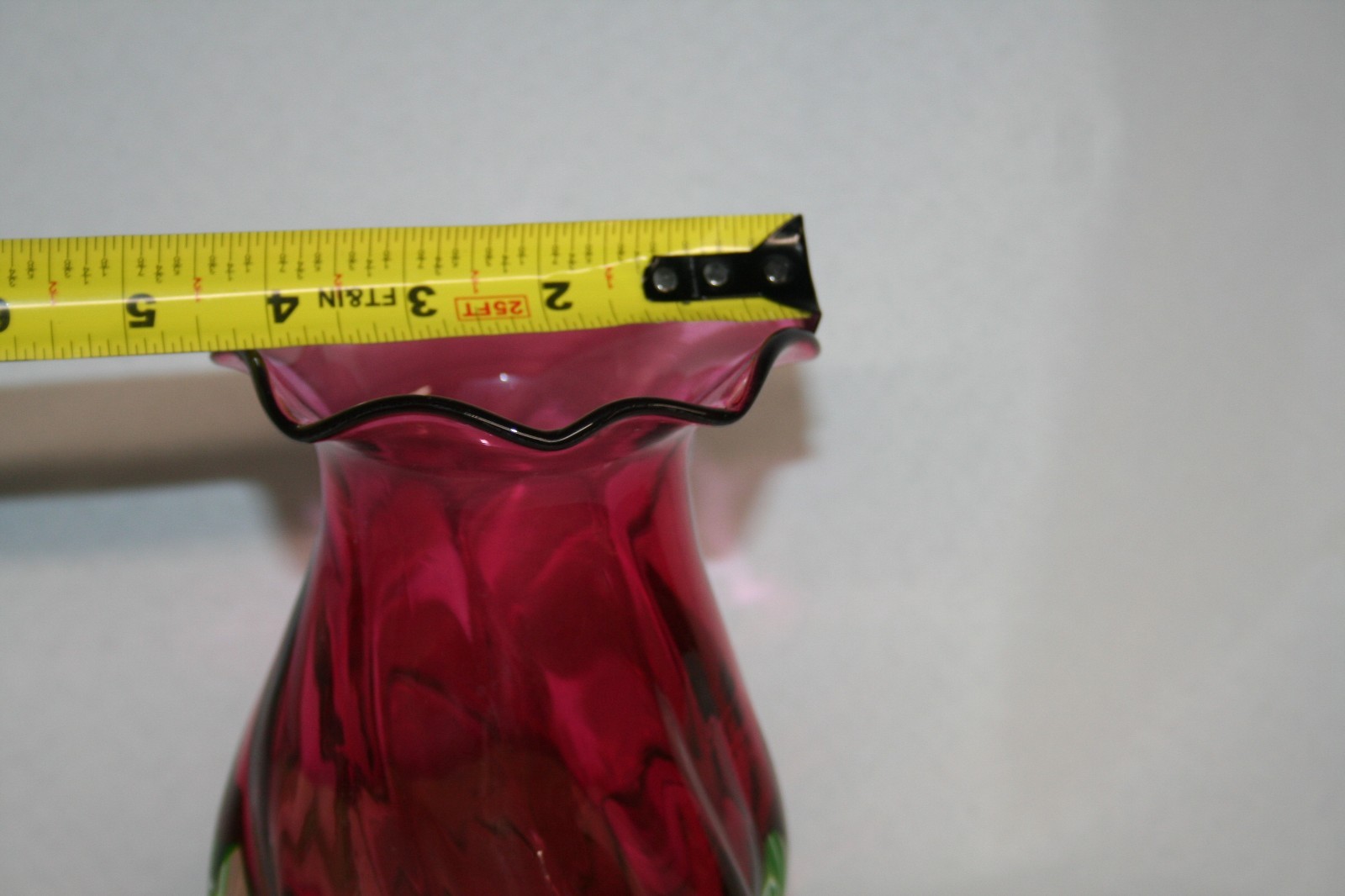 Vintage Hand Blown Teleflora Gift Cranberry Pink And Green Swirl Glass Vase 7.5