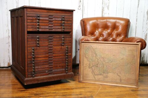 Antique Apothecary Map Cabinet Flat File Rand McNally 22 wood drawers Vintage