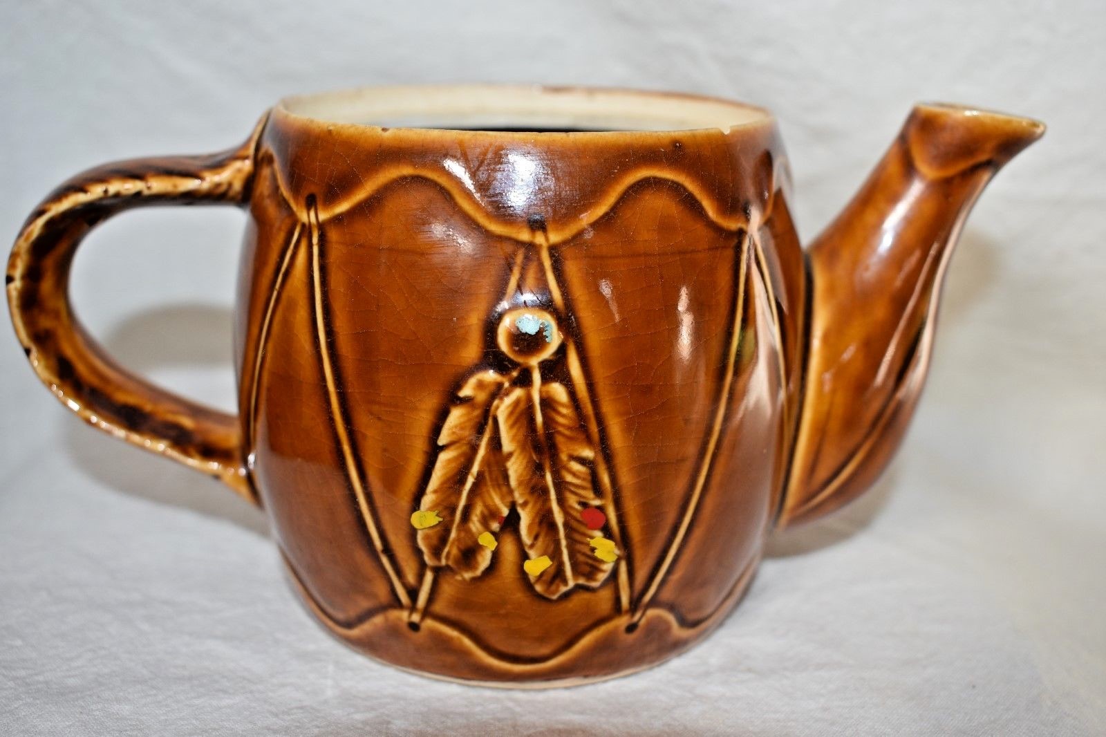 Native American Indian Chief Teapot pottery drum shaped feather handle