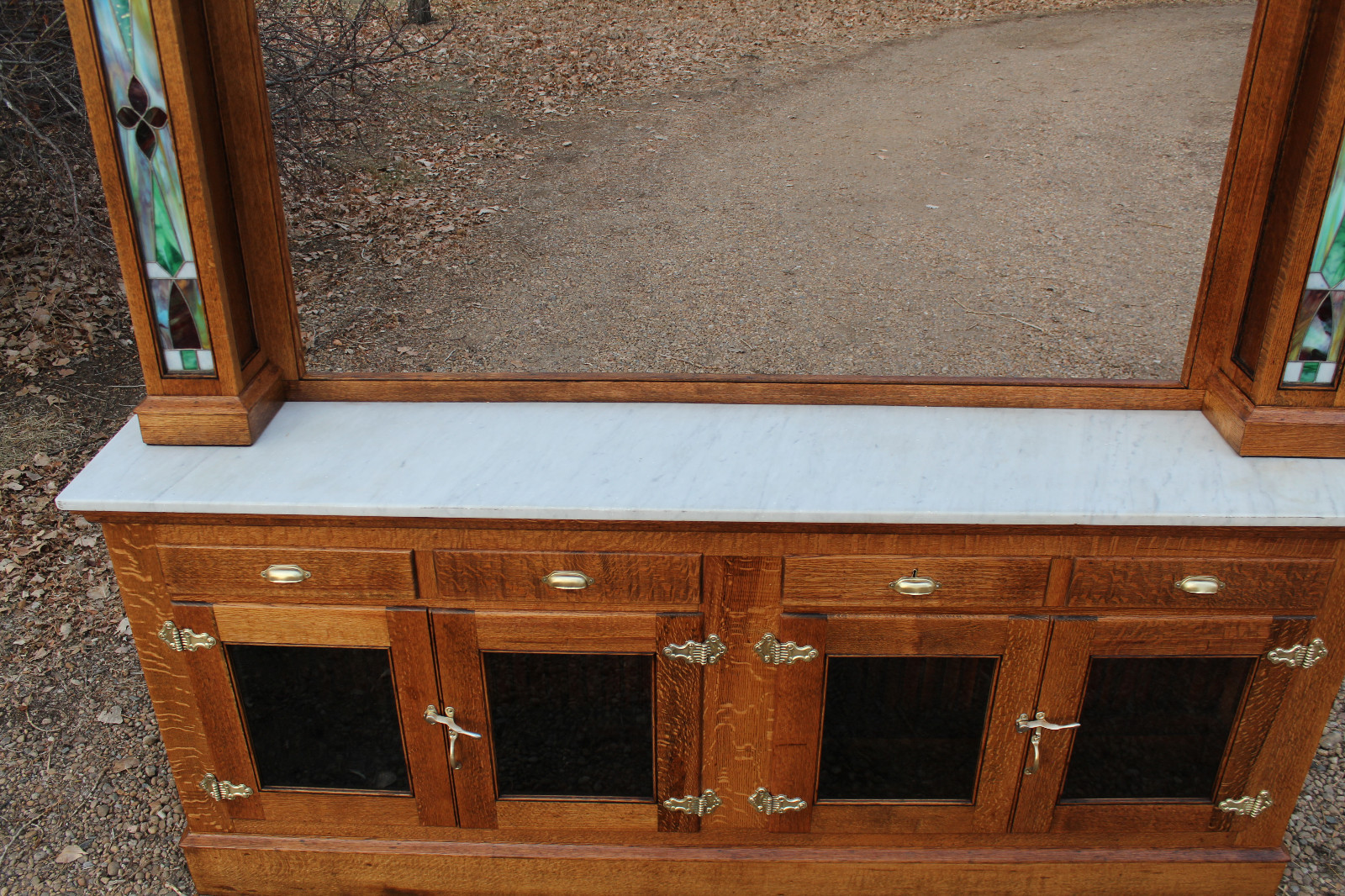 Antique Back Bar Quarter Sawn Oak With Leaded Stained Glass Panels