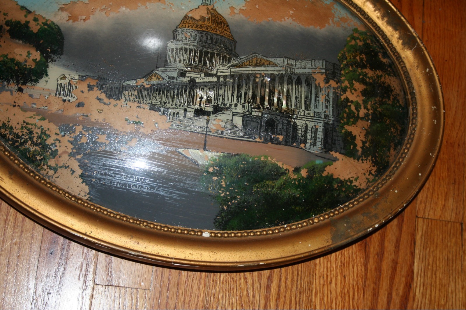 Antique Reverse Painting Convex Glass Frame 22x16 AS IS