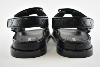Pre-owned Chanel Black Leather Quilted Chain Cc Logo Mule Slide Strap Flat Dad Sandal 37.5