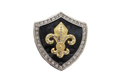 Men Belt Buckle Silver Metal Cowboy Western Gold Fleur De Lys Lily French Shield