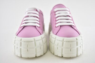 Pre-owned Prada Pink Nylon White Platform Lug Sole Lace Flat Low Top Trainer Sneaker 37.5