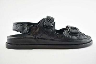 Pre-owned Chanel Black Leather Quilted Chain Cc Logo Mule Slide Strap Flat Dad Sandal 38.5