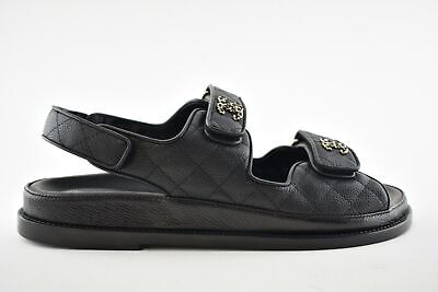 Pre-owned Chanel Rev Black Caviar Gold Cc Logo Mule Slide Strap Flat Teva Dad Sandal 39.5