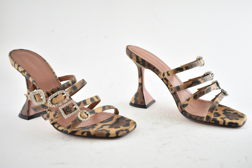 Pre-owned Amina Muaddi Robyn Slipper Satin Leopard Crystal Backless Sandal Heel Pump 36 In Black