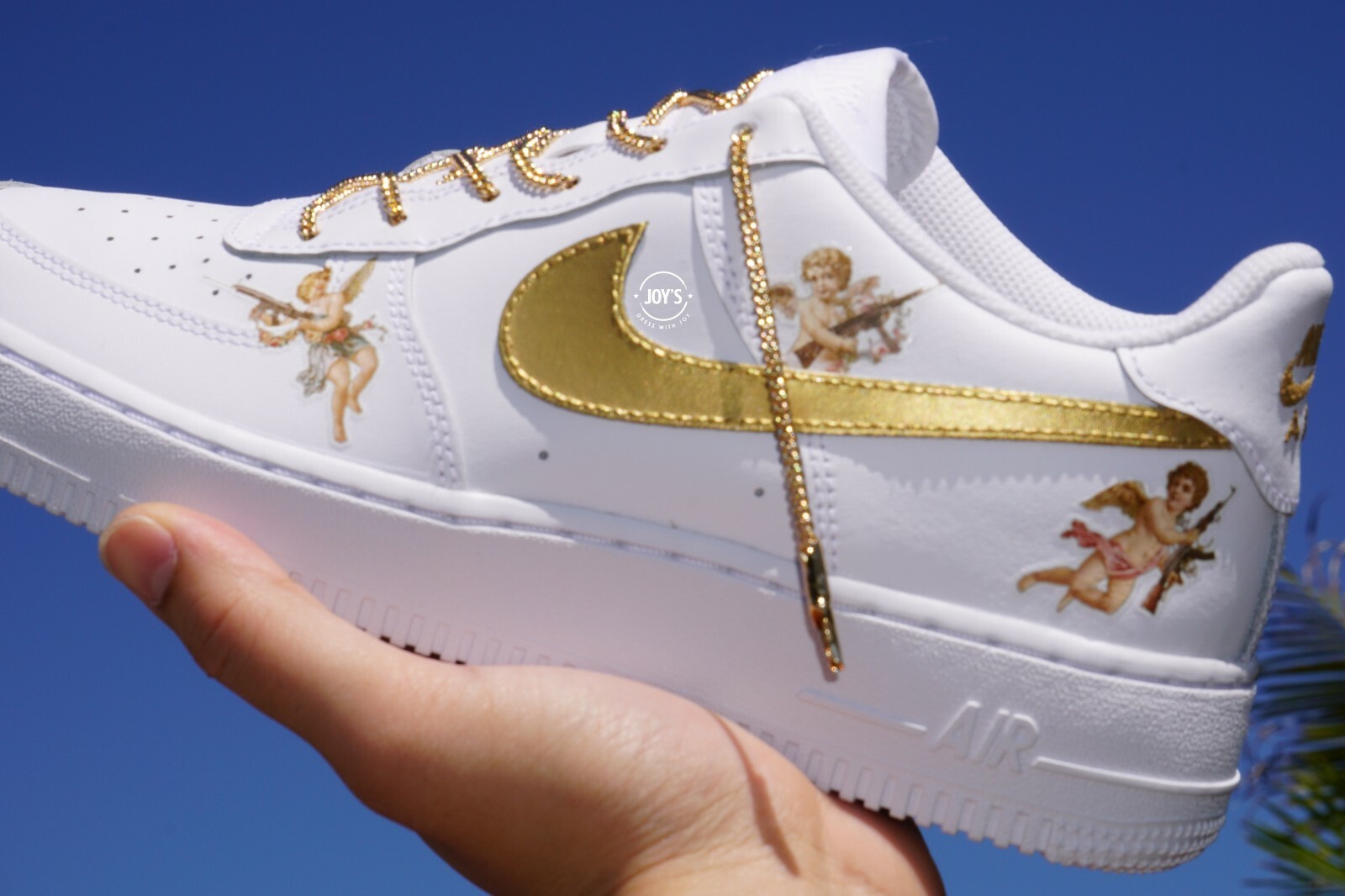 Pre-owned Nike Custom  Air Force 1 Sneakers. Golden Cherub Angels. Golden Chain Laces.