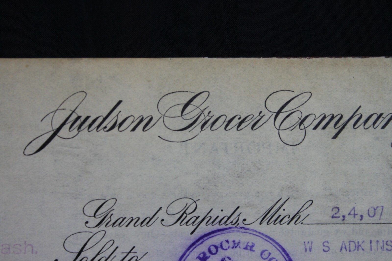 Vtg Grand Rapids Michigan 1907 Invoice Paper Bill Judson Grocer Co Stamped Typed