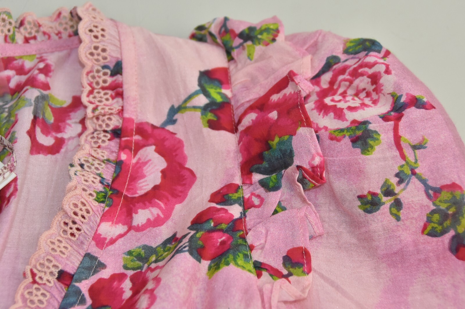 Pre-owned Loveshackfancy $575  Salima Dress Pink Desert Silk Floral Eyelet Embroidery 6 In Pink Green