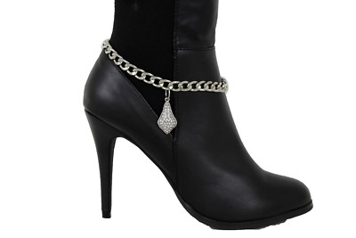 Women Boot Bracelet Silver Metal Chain Links Cute Anklet Shoe Bow Tie Drop Charm
